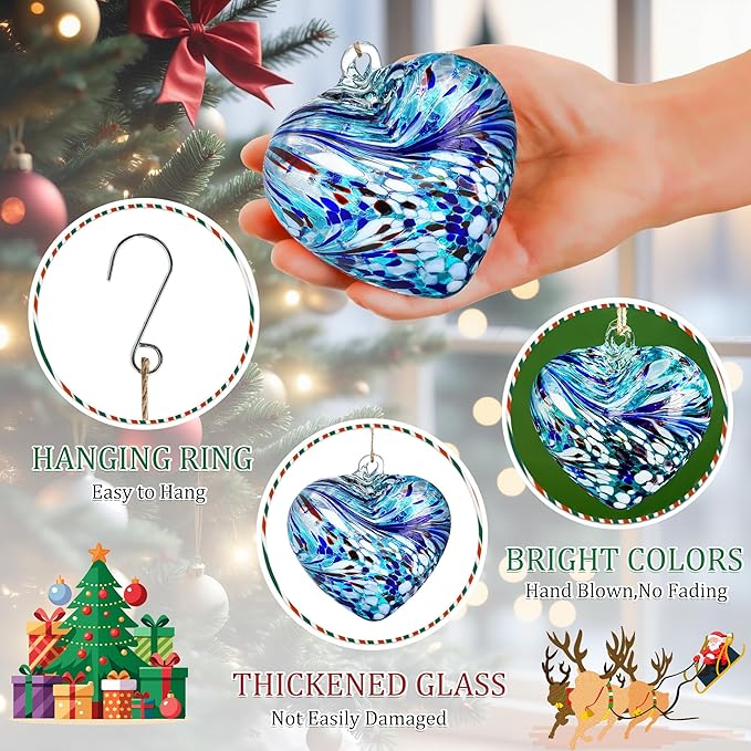 Hand Blown Glass Gazing Balls for Garden Love Heart Hanging Friendship Balls Christmas Ball Ornaments for Xmas Tree Decoration (Blue - A)
