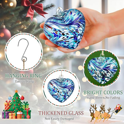 Hand Blown Glass Gazing Balls for Garden Love Heart Hanging Friendship Balls Christmas Ball Ornaments for Xmas Tree Decoration (Blue - A)