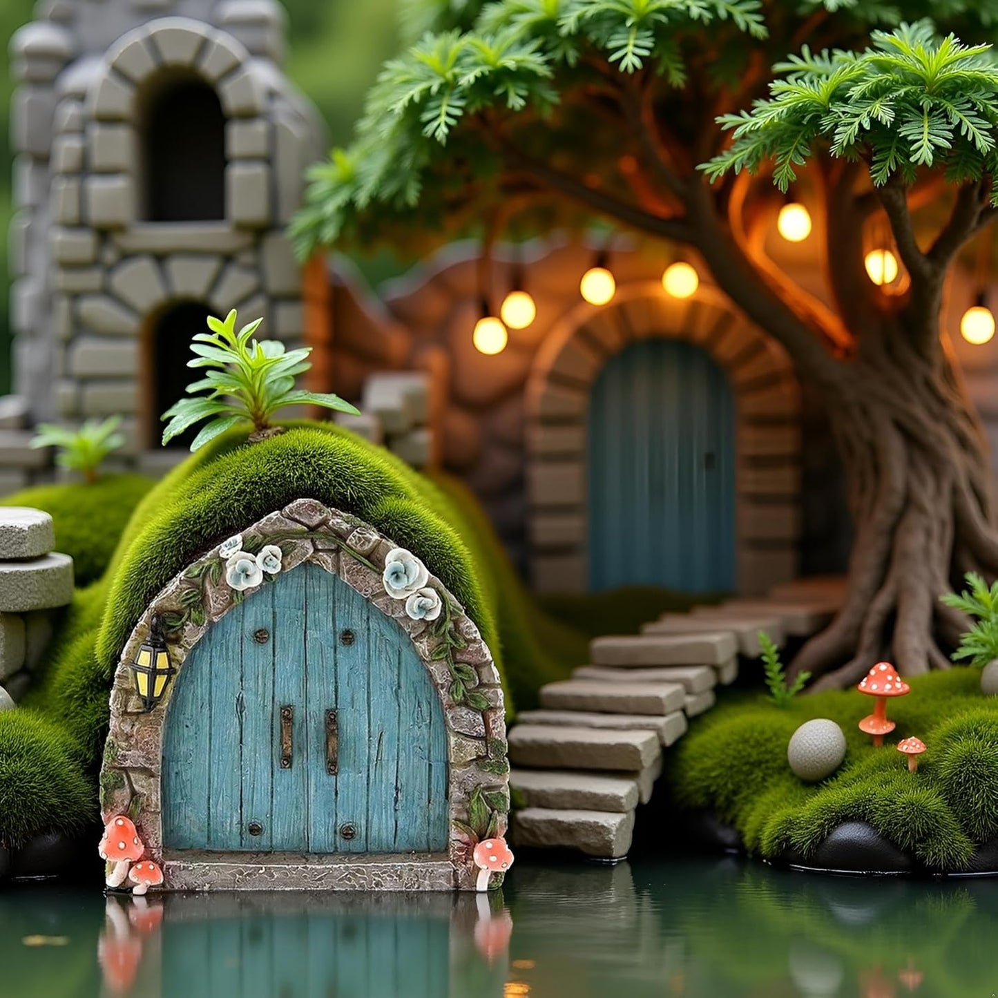 Blue Mini Fairy Garden Door for Tree, 3D Miniature Fairy Door for Fairytale Tiny House Doors, Bonsai Terrarium Micro Landscape Decoration Accessories Garden Miniatures