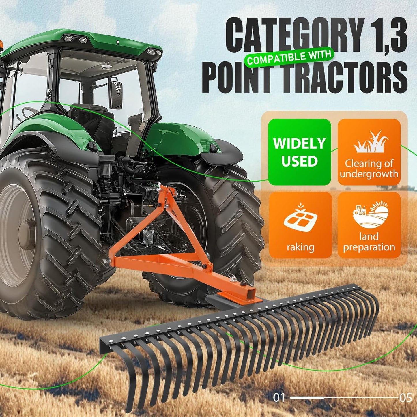 KUAFU 60 in Landscape Rake, 3 Point Rake Compatible with Category-1 Tractor, 360 Degree Rotation Tow-Behind Garden Tool for Compact Tractors for Farm, Garden, Clearing Brush, Raking Arenas 2 Package