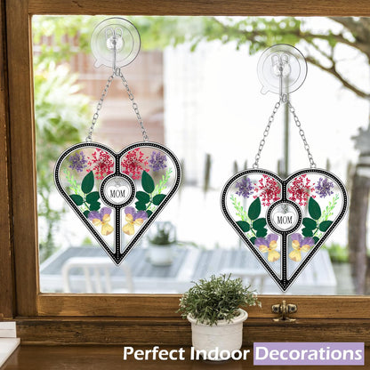KY&BOSAM Heart Suncatcher Mom Gifts Stained Glass for Windows Hangings Wind Chimes Ornament,Pressed Flower in Glass and Metal Trim Mom Heart Charm Gift for Women Mother`s Day Birthday Christams Decor