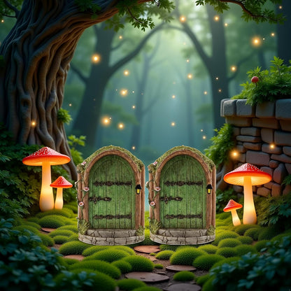 2Pcs Green Fairy Door Wooden Miniature Fairy Gardens Doors Outdoor Mini Fairy Gnome House Accessories for Tree Trunk Ornaments Garden Miniatures, Outdoor Statues,Garden Sculptures and Statues
