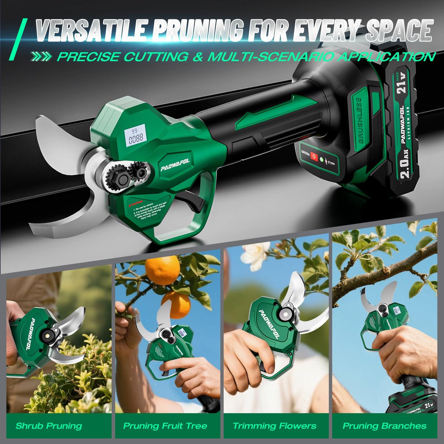 PAOWAFOL Electric Pruning Shears, 1.6" (41mm) Cordless Power Pruner with LCD Display, Brushless