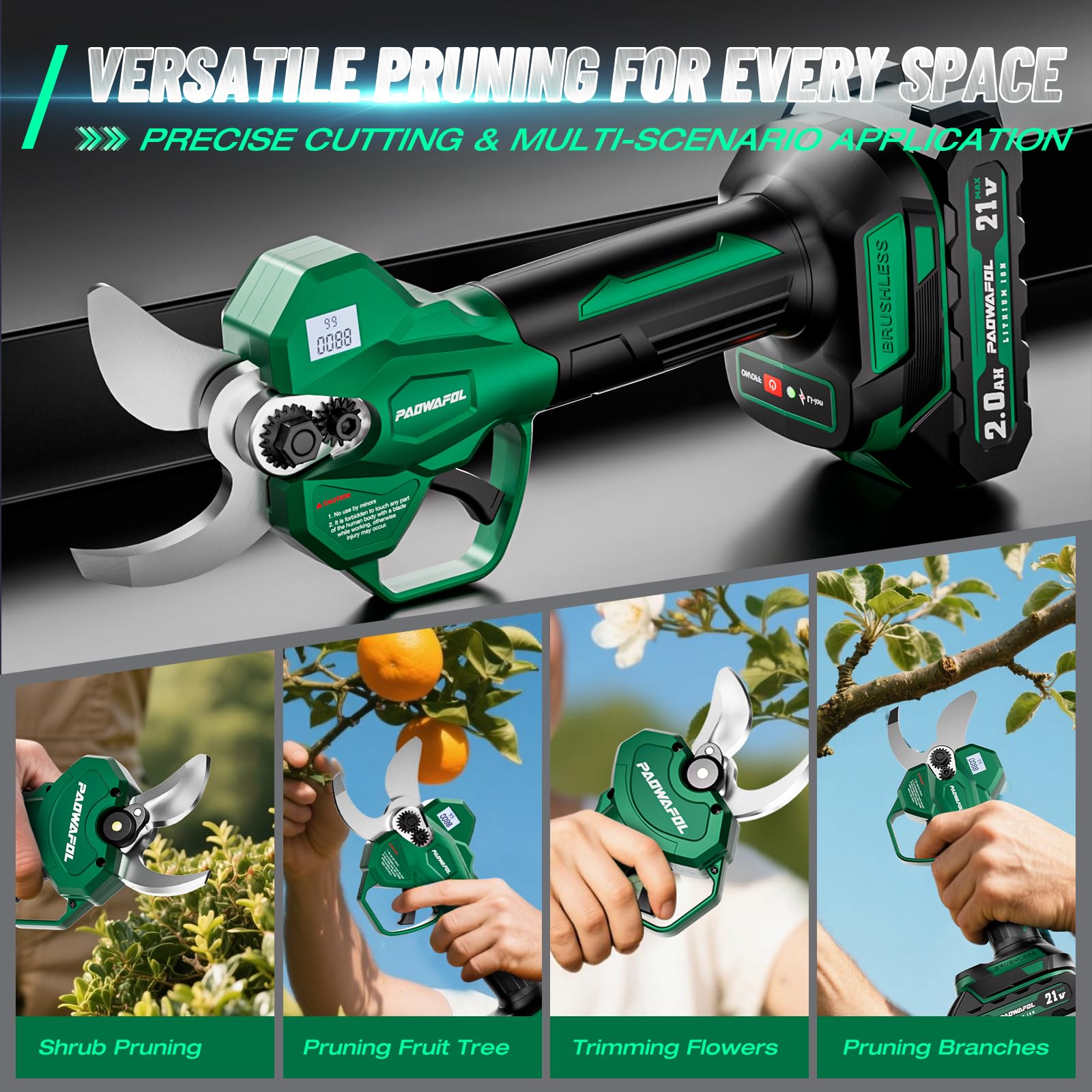 PAOWAFOL Electric Pruning Shears, 1.6" (41mm) Cordless Power Pruner with LCD Display, Brushless