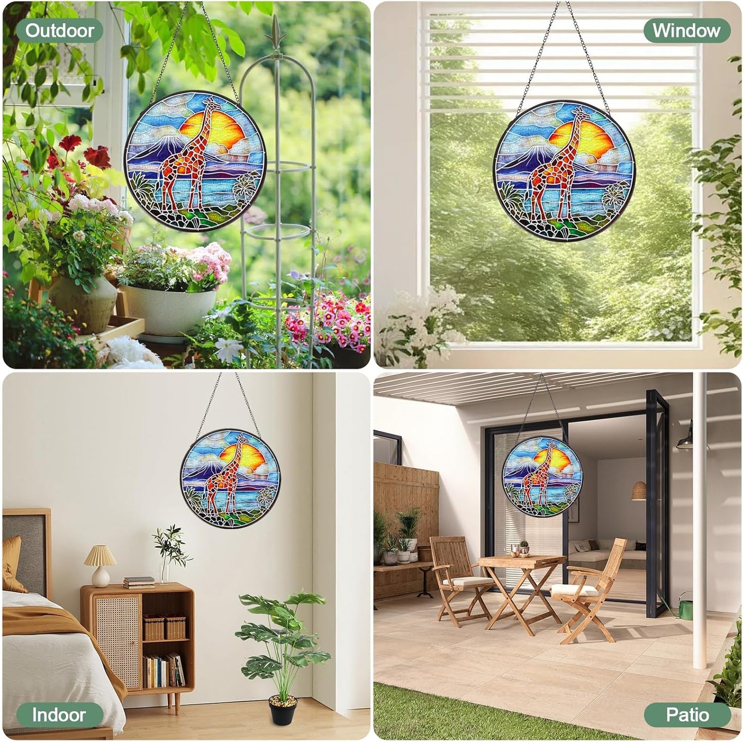 Giraffe Handmade Stained Glass Window Hanging Suncatcher with Chain - 7.9" Outdoor/Indoor Art Decor for Home Garden, Wedding, Mother's, Valentine's & Christmas Ornaments Present Gifts