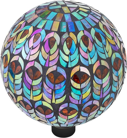 Alpine Corporation 10" Diameter Indoor/Outdoor Glass Mosaic Gazing Globe Yard Decoration, Peacock Feather Design