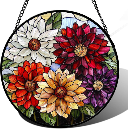 Stained Glass Window Hanging, Colorful Flowers Sun Catcher for Window Door Home Decor Plant