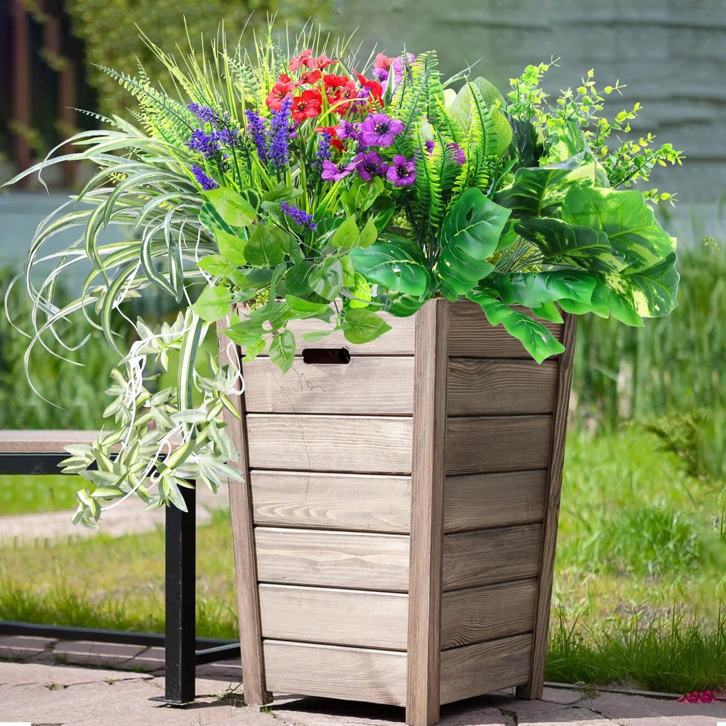 14 Bundles Artificial Plants Outdoor UV Resistant, Fake Greenery Plant Flower, Faux Boxwood Boston Fern Shrubs Bushes with Plastic Stems & Flowers for Garden, Porch, Planter, Patio, Xmas Decor