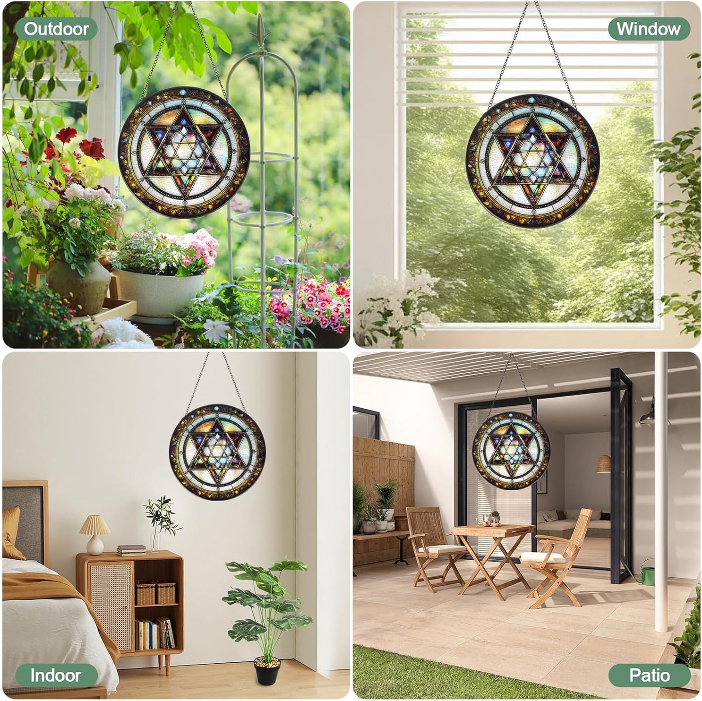 Star of David Handmade Stained Glass Window Hanging Suncatcher with Chain - 7.9" Outdoor/Indoor Art Decor for Home Garden, Wedding, Mother's, Valentine's & Christmas Ornaments Present