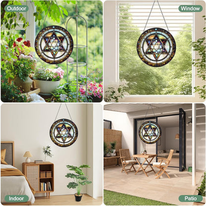 Star of David Handmade Stained Glass Window Hanging Suncatcher with Chain - 7.9" Outdoor/Indoor Art Decor for Home Garden, Wedding, Mother's, Valentine's & Christmas Ornaments Present