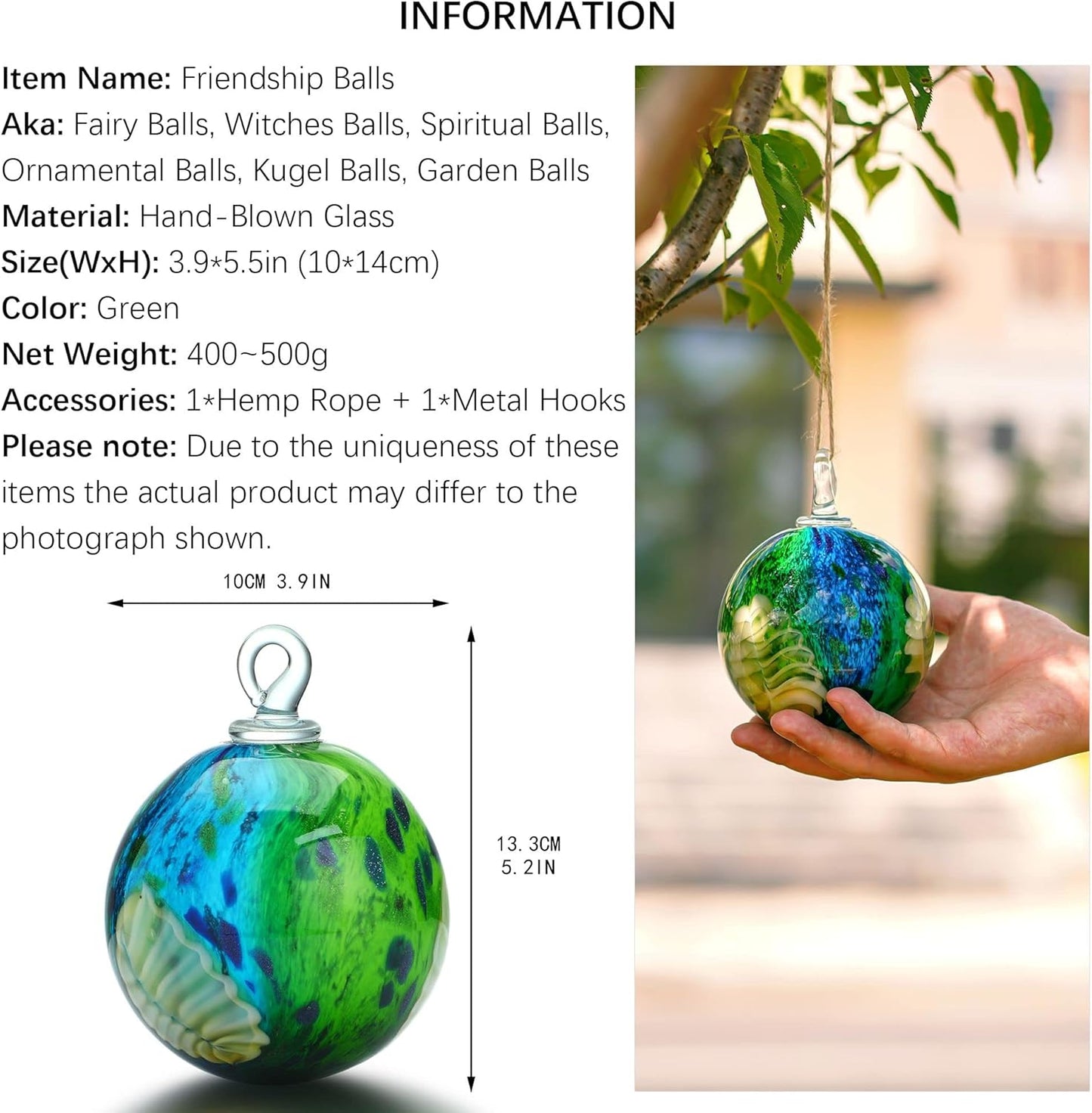 QFkris 4" Hanging Gazing Balls for Gardens Decorative Outdoor Hand-Blown Glass Ornament Friendship Balls Witch Ball for Women
