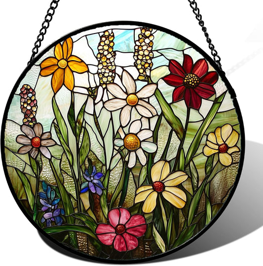 Stained Glass Window Hanging, Colorful Wildflowers Plant Scenery Suncatcher for Doors Window Home