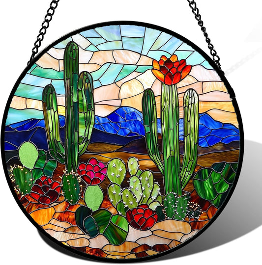 Stained Glass Window Hanging, Green Cactus Suncatcher for Doors Window Home Plant Landscape Sun