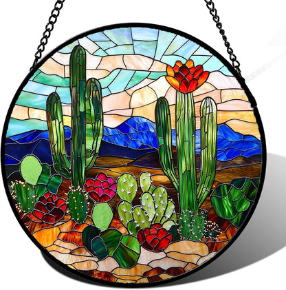 Stained Glass Window Hanging, Green Cactus Suncatcher for Doors Window Home Plant Landscape Sun Catchers Decoration Mother's Day Birthday Gifts for Women, Men, and Mom 9.8 in