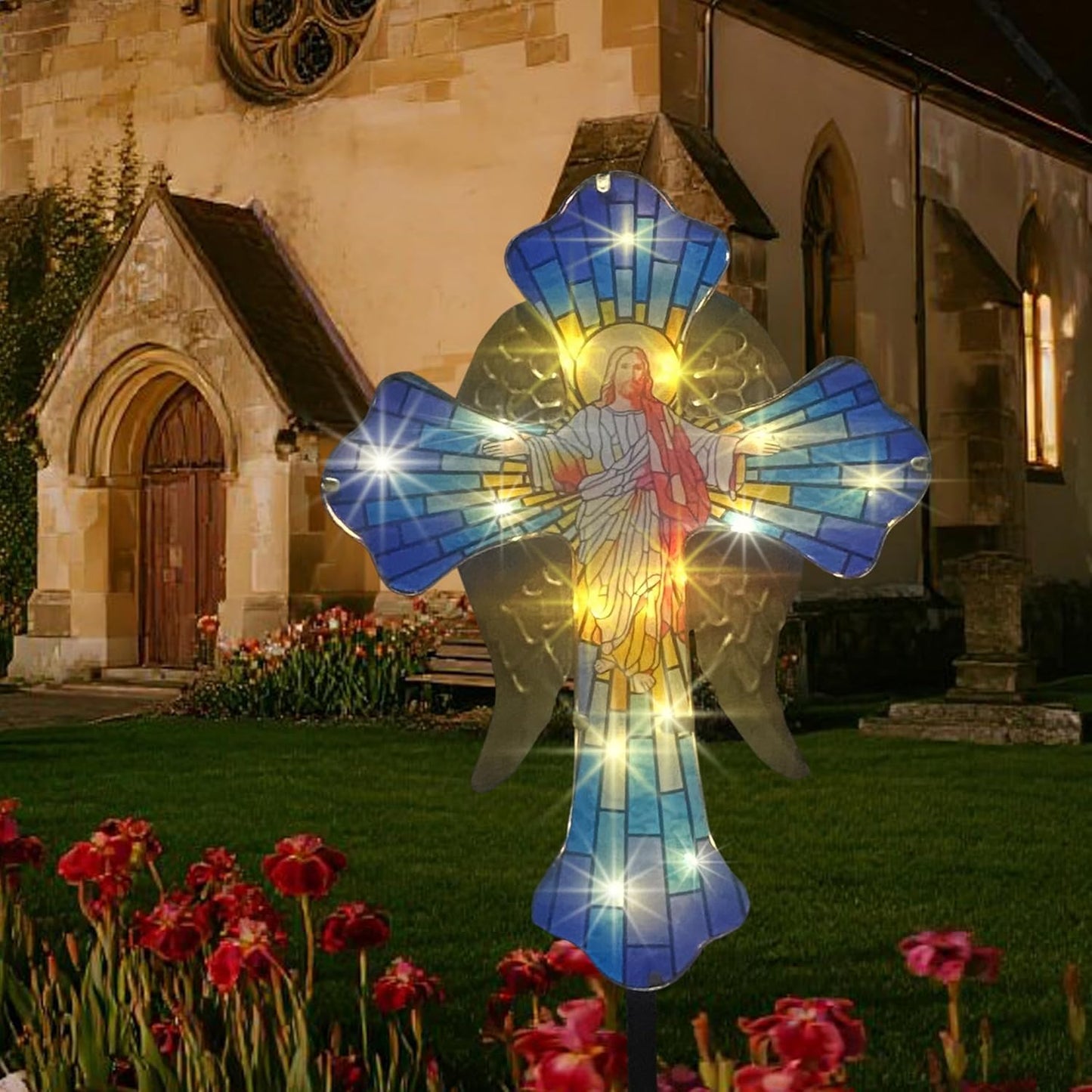 WAIU Solar Cross Garden Light,Grave Decorations,Golden Angel Wings,for Remembrance Gifts,Christmas Yard Decor Outdoor