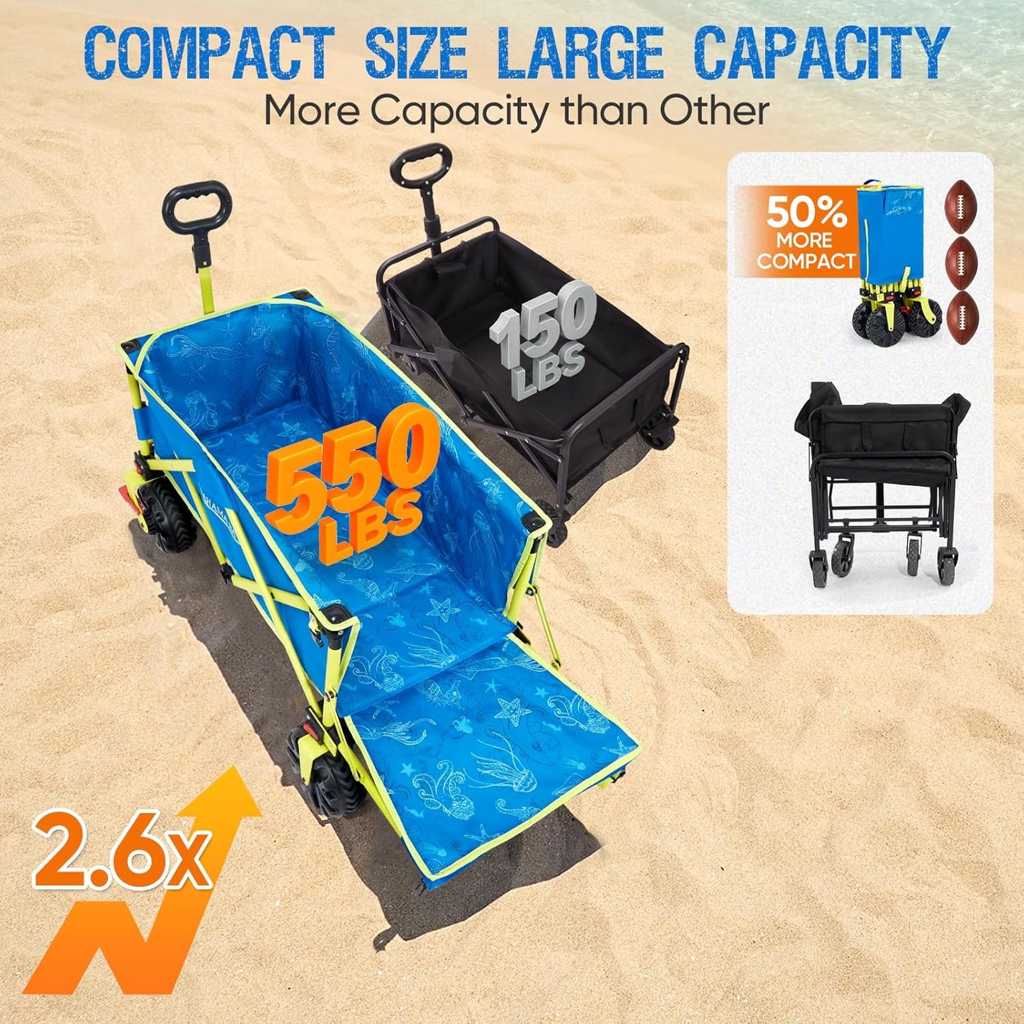 Old Bahama Bay 550lbs Extra Long 49" L Beach Wagon with Big Wheels with Brake for Sand, Collapsible Utility Beach Cart Heavy Duty Folding Wagon,Ideal for Outdoor Sand Camping Garden Pet