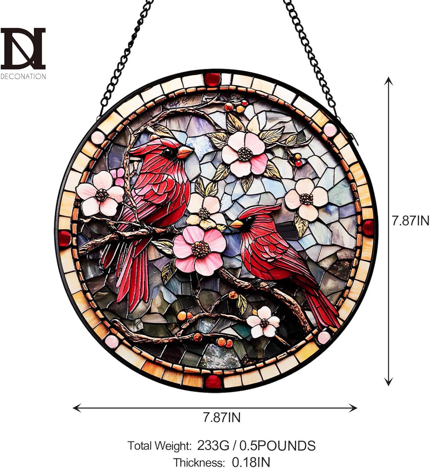 Cardinal Stained Glass Suncatcher - Hand-Painted Window Hanging with Metal Chain, Outdoor/Indoor Wall Decor for Mothers Day, Housewarming Gifts for Mom & Grandma Women Birthday Gifts