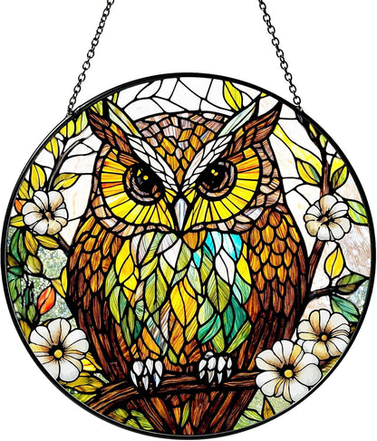 Owl Stained Glass Window Hanging Bird Light Sun Catcher Owls Lover Gifts for Women Christmas Suncatchers for Garden Home Windows Hanging Decoration, 7.87inch