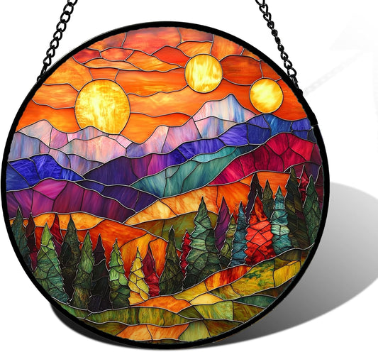 Stained Glass Window Hanging, Sunset Abstract Sun Catchers Colorful Glass Panel Landscape