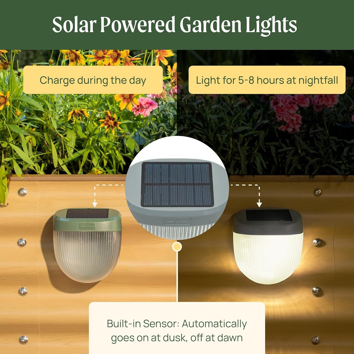 Vego garden Rippled Solar Garden Lights with Auto Sensors Magnetize Securely to Raised Beds, IPX4 Waterproof Outdoor LED Light for Patio & Yard Olive Green, 4 Pack