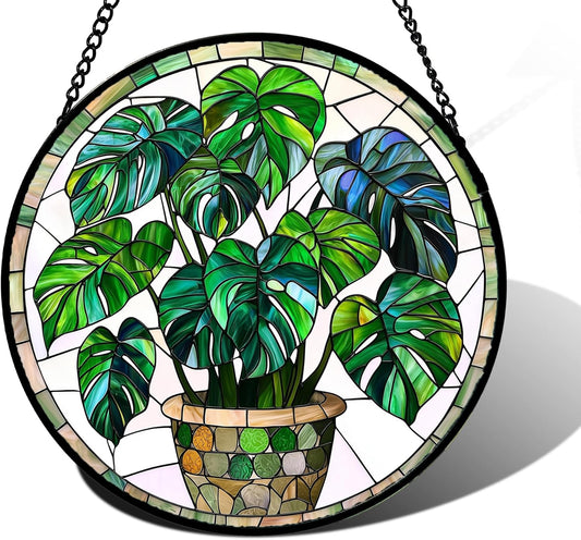 Stained Glass Window Hanging, Green Plant Monstera t Suncatcher Diamond Colorful Glass Panel Sun