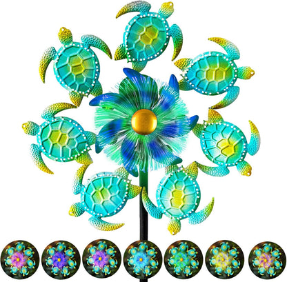 Sea Turtle Outdoor Solar Wind Spinners for Yard - 51" Metal Wind Sculptures Garden Stake with Color Changing LED Lights 360° Windmill Kinetic Spinner for Lawn Patio Decor