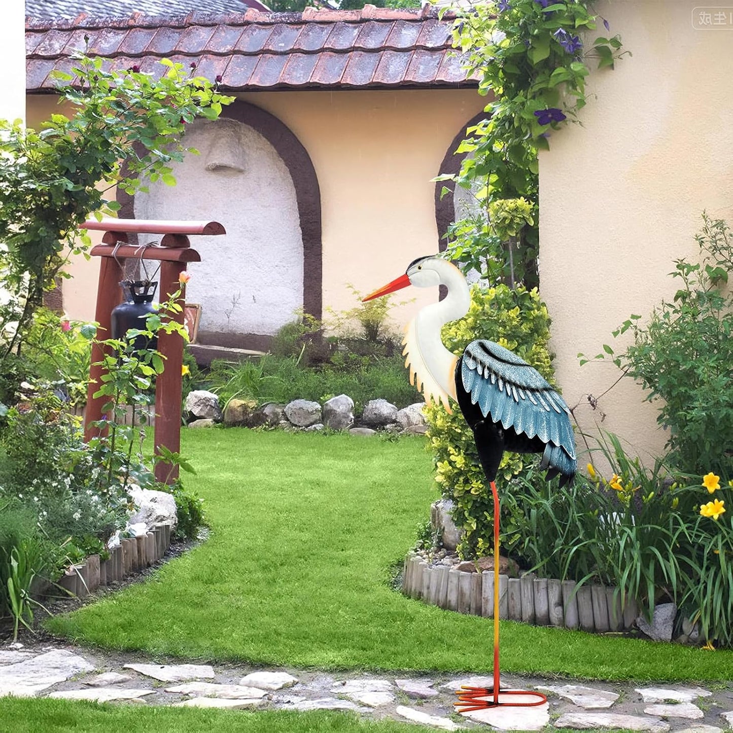 Crane Garden Metal Decor Statue - Large Standing Crane Statue, Metal Birds Yard Art Outdoor Sculpture, Heron Decoration Bird, Outdoor Backyard Decor, Patio, Porch, Lawn Ornament, Yard Decoration