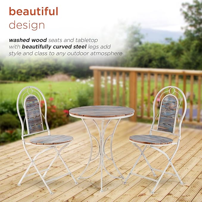 Alpine Corporation Indoor/Outdoor 3-Piece Wood and Metal Bistro Set Table and Folding Chairs Patio