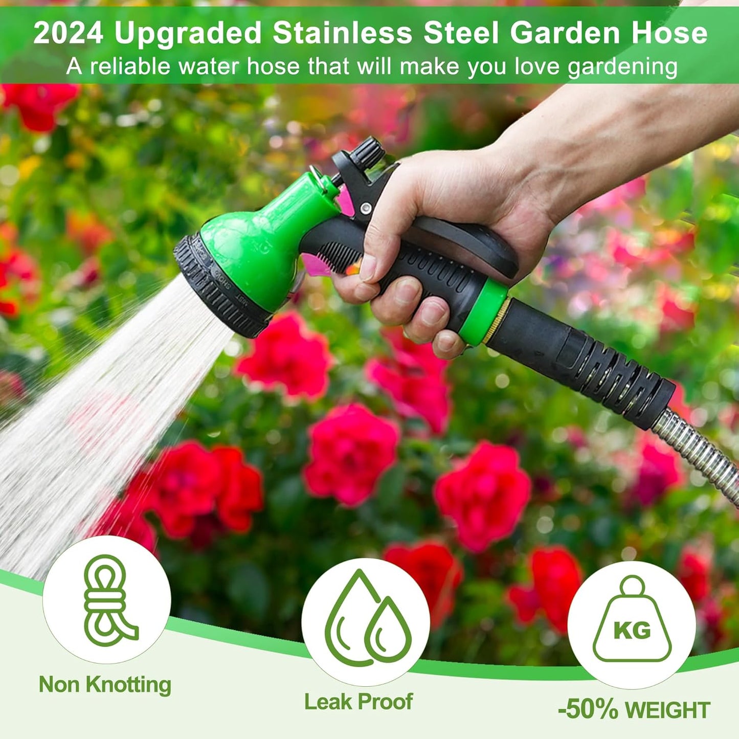Metal Garden Hose 50ft, Stainless Steel Water Hose Leak-Proof w/10 Function Sprayer Nozzle, 5/8" Flexible Garden Hoses, Long-Lasting, Lightweight, No-Kink Water Hose, for Yard and Lawn