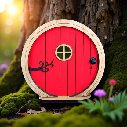 Red Fairy Garden Door for Tree, Fairy Doors for Trees Outdoor and Tree Trunk, Mini Fairy Garden Sculpture Lawn Ornament Decor, Fairytale Tiny House Doors Mini Gift, Fairytales Door Decoration