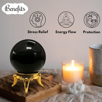 Amazing Gemstone Black Agate Crystal Ball with Stand - 2" Inches Crystal Sphere Meditation Balls for Witchcraft and Decorative Balls