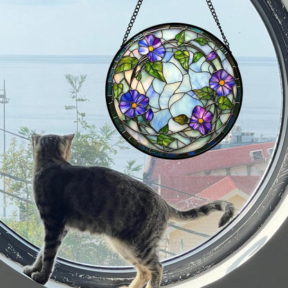 Stained Glass Window Hanging, Purple Morning Glory Flowers Suncatcher for Doors Window Home Plant Sun Catchers Decoration Mother's Day Birthday Gifts for Women, Men, and Mom 15x15 in