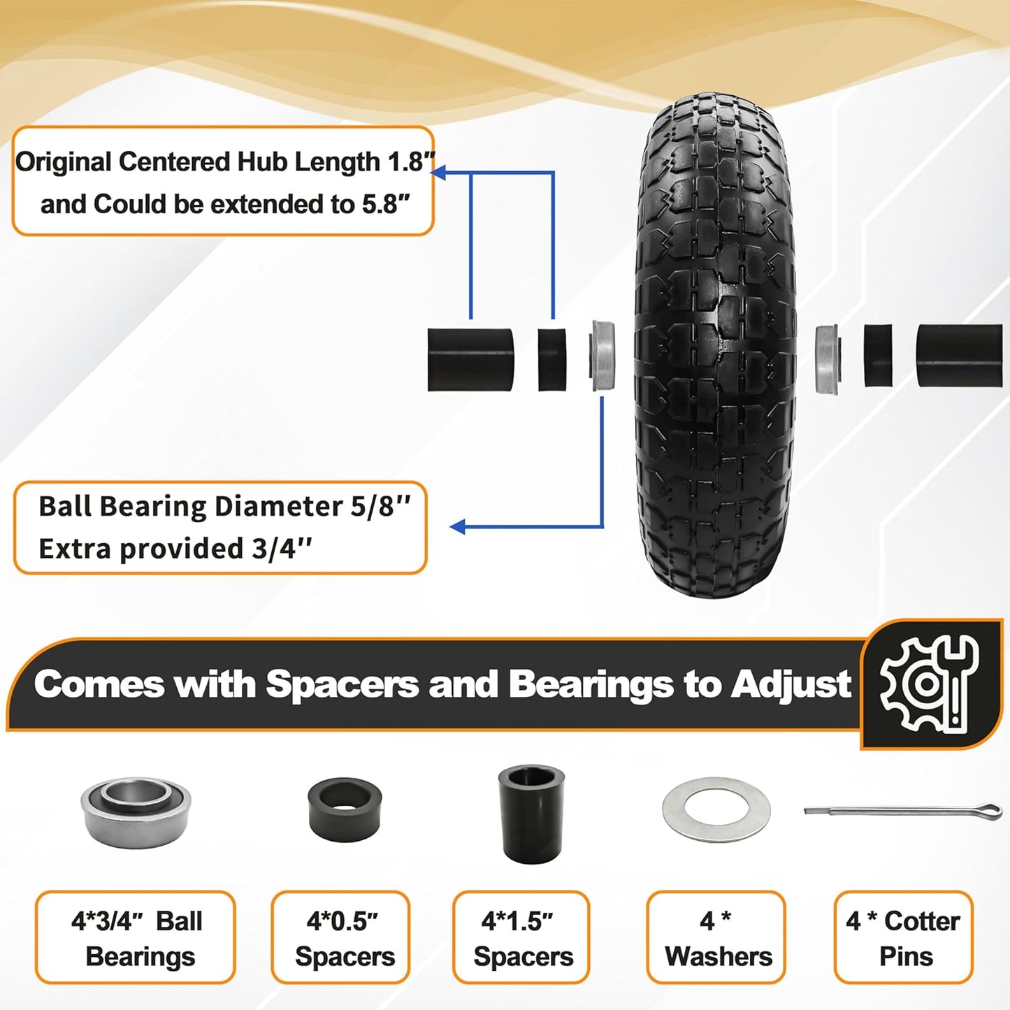 2PC 4.00-6 Flat-Free Tires and Wheels,13" Rubber Solid Tire, with 5/8" & 3/4" Bearing, 1.8"-5.8" Centered Hub Length, 4.00-6 tire and wheel Fit for Gorilla Cart, Garden Cart/Hand Truck/Wheelbarrowetc.