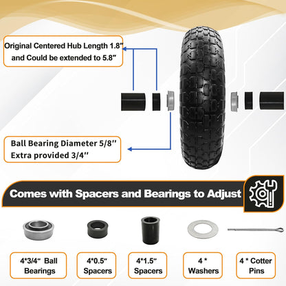 2PC 4.00-6 Flat-Free Tires and Wheels,13" Rubber Solid Tire, with 5/8" & 3/4" Bearing, 1.8"-5.8" Centered Hub Length, 4.00-6 tire and wheel Fit for Gorilla Cart, Garden Cart/Hand Truck/Wheelbarrowetc.