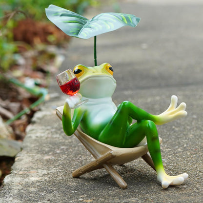 OwMell Frog Statue for Garden, Green Frog Figurine for Outdoor Decor Yard and Garden Decoration Resin Sculpture - Chill with Wine