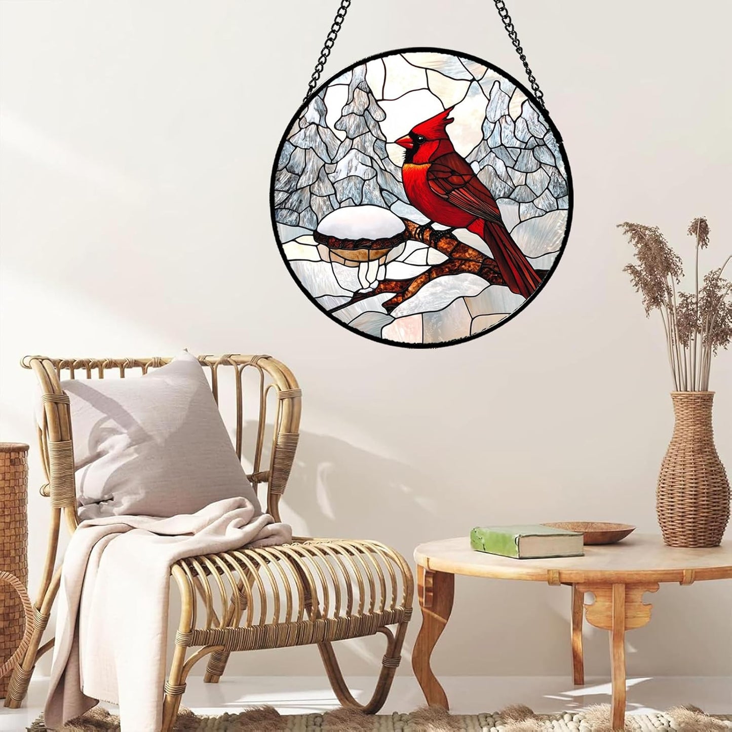 Stained Glass Window Hanging Cardinal Bird Winter Snow Scene 7.8" - Suncatcher Door Garden Sunroom Sun Catcher Home Decor Birthday Christmas for Mom Men Woman Nana