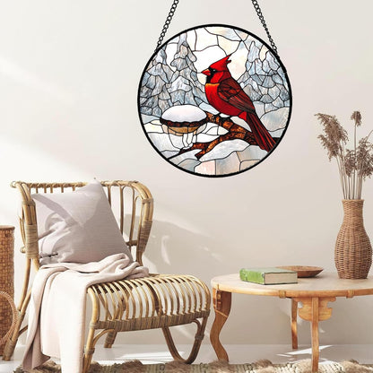 Stained Glass Window Hanging Cardinal Bird Winter Snow Scene 6.3" - Suncatcher Door Garden Sunroom Sun Catcher Home Decor Birthday Christmas for Mom Men Woman Nana