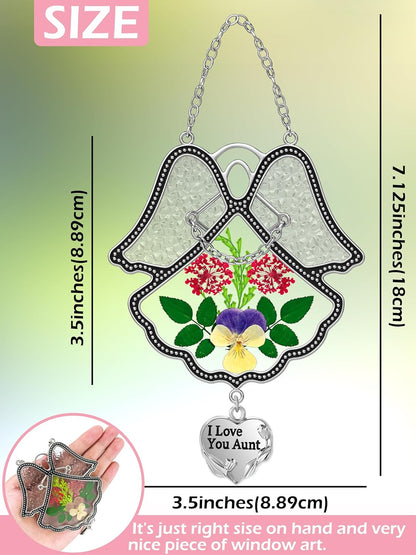 KY&BOSAM Angel Suncatcher I Love You Aunt Stained Glass Panels for Windows Wind Chime with Pressed Flower Glass with Metal Trim Heart Charm Birthdays Gifts for Women Aunt Gift Mothers Day Garden Decor