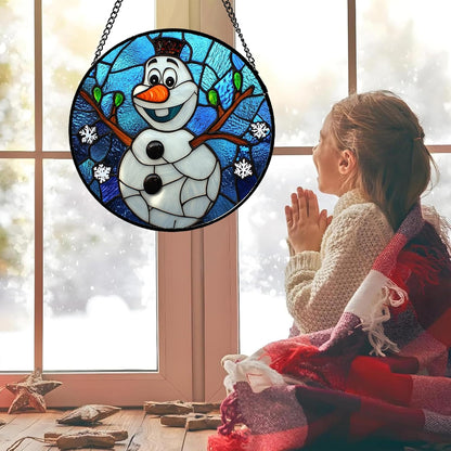 Stained Glass Window Hanging Christmas Funny Snowman 9.8" - Suncatcher Door Garden Blue White Snowflakes Sun Catcher New Year Birthday for Friend Mom Men Woman Nana