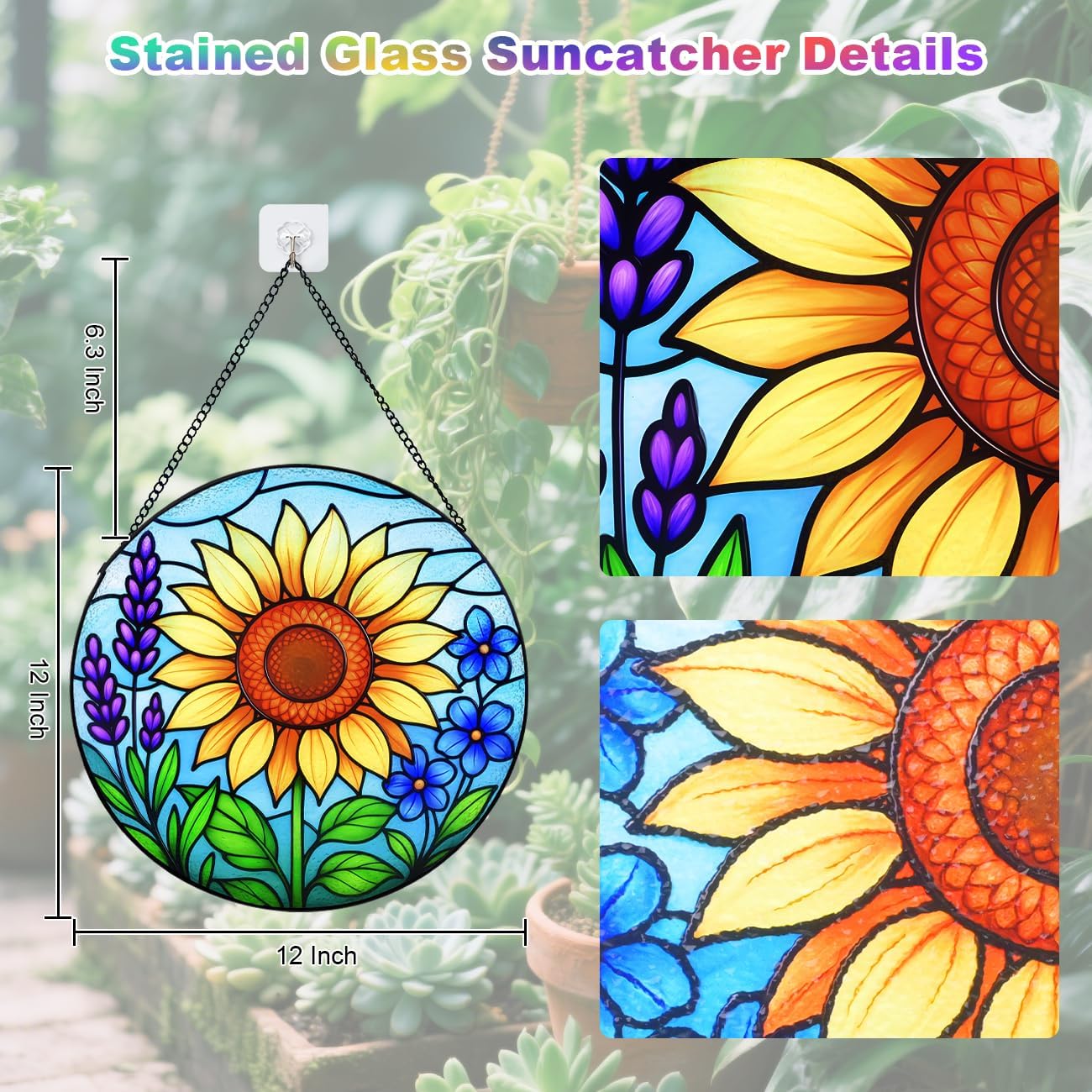 Sunflower Stained Glass Window Hanging – Round Sunflower Suncatcher for Window, Garden or Home Decor – Bright Floral Glass Panel Ornament (12 Inch)
