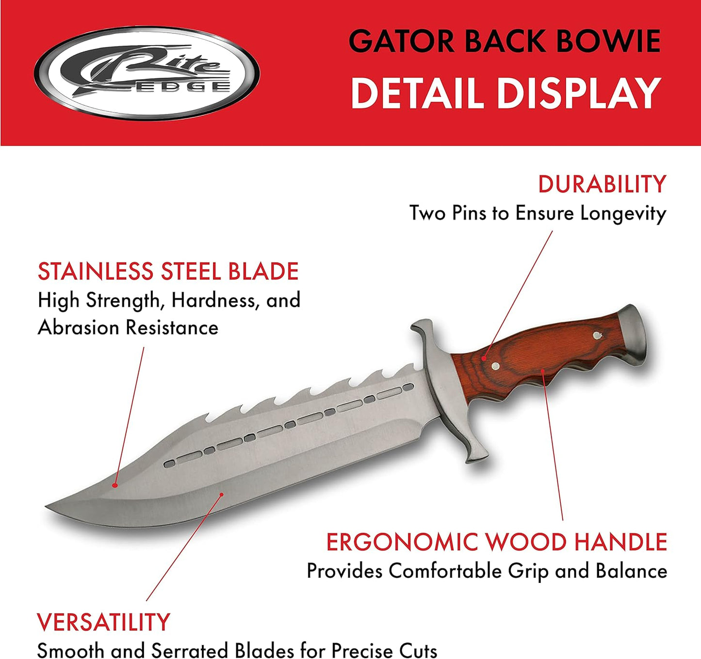 SZCO Full Tang Gator Back Skinning Knife 15 Inch - Camping Knife with Wood Handle & Sawback Stainless Steel Blade with Sheath - Pocket Knife for Hunting, Camping & Outdoor Uses - Knives for Men