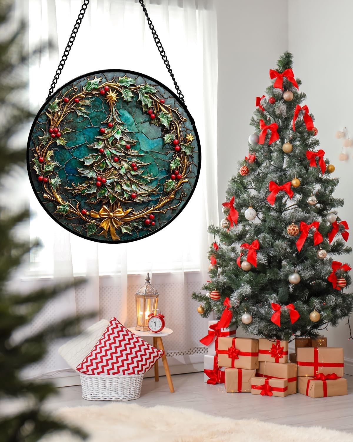 Stained Glass Window Hangings - Red Gold Green Wreath Suncatcher for Door Home Christmas Tree Decoration Sun Catcher Thanksgiving New Year Birthday Gift for Women Men Mom Grandma 11.8 in