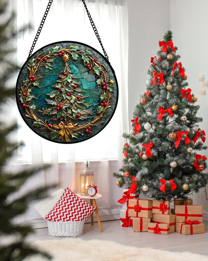 Stained Glass Window Hangings - Red Gold Green Wreath Suncatcher for Door Home Christmas Tree Decoration Sun Catcher Thanksgiving New Year Birthday Gift for Women Men Mom Grandma 6.3 in