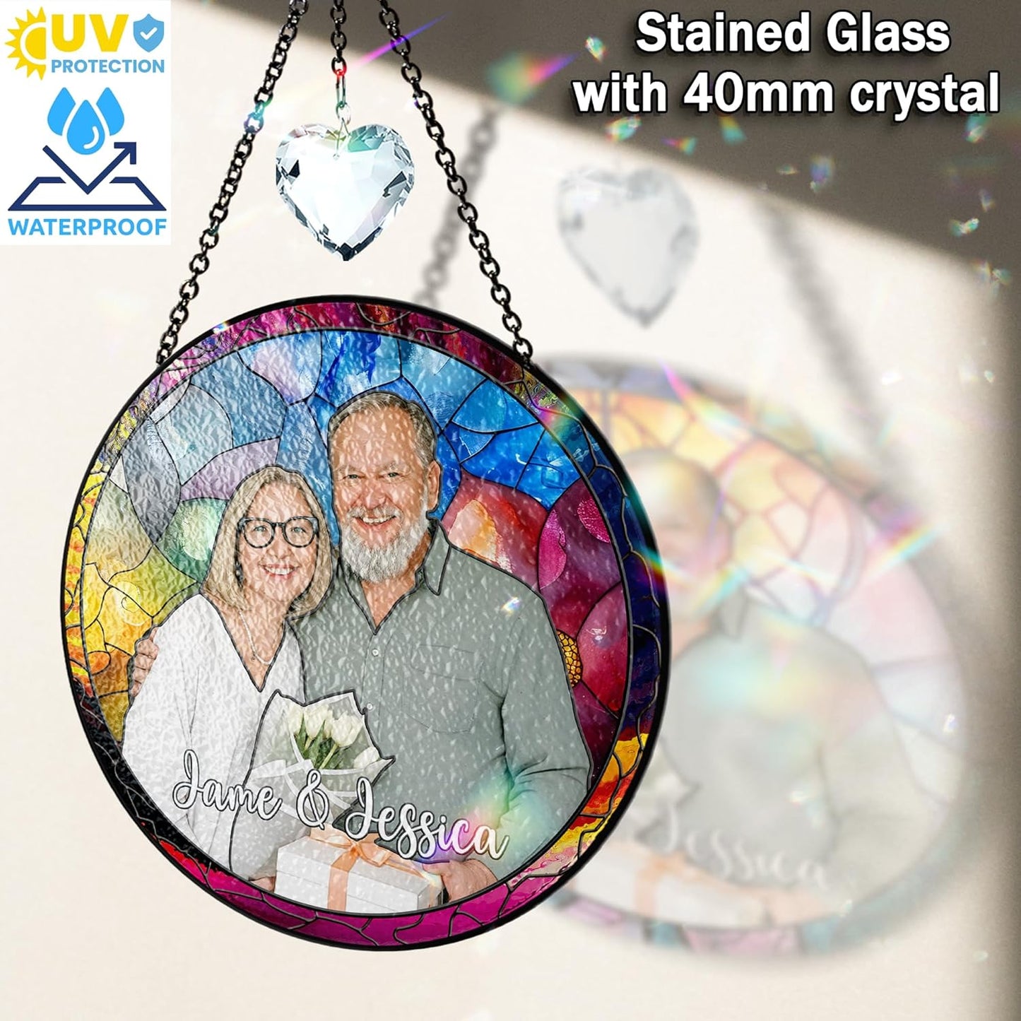 Personalized Grandma Stained Glass Suncatcher, Photo Family Faux Stained Glass Window Hanging Ornament, Custom Grandparent Day 2025 Gifts for Grandma, Birthday Gift for Dad, Grandpa