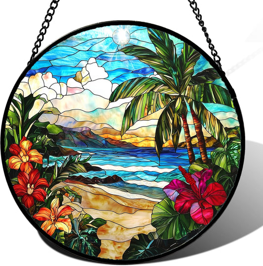 Stained Glass Window Hanging, Blue Beach Scenery Suncatcher Diamond Glass Panel Hangings Sun