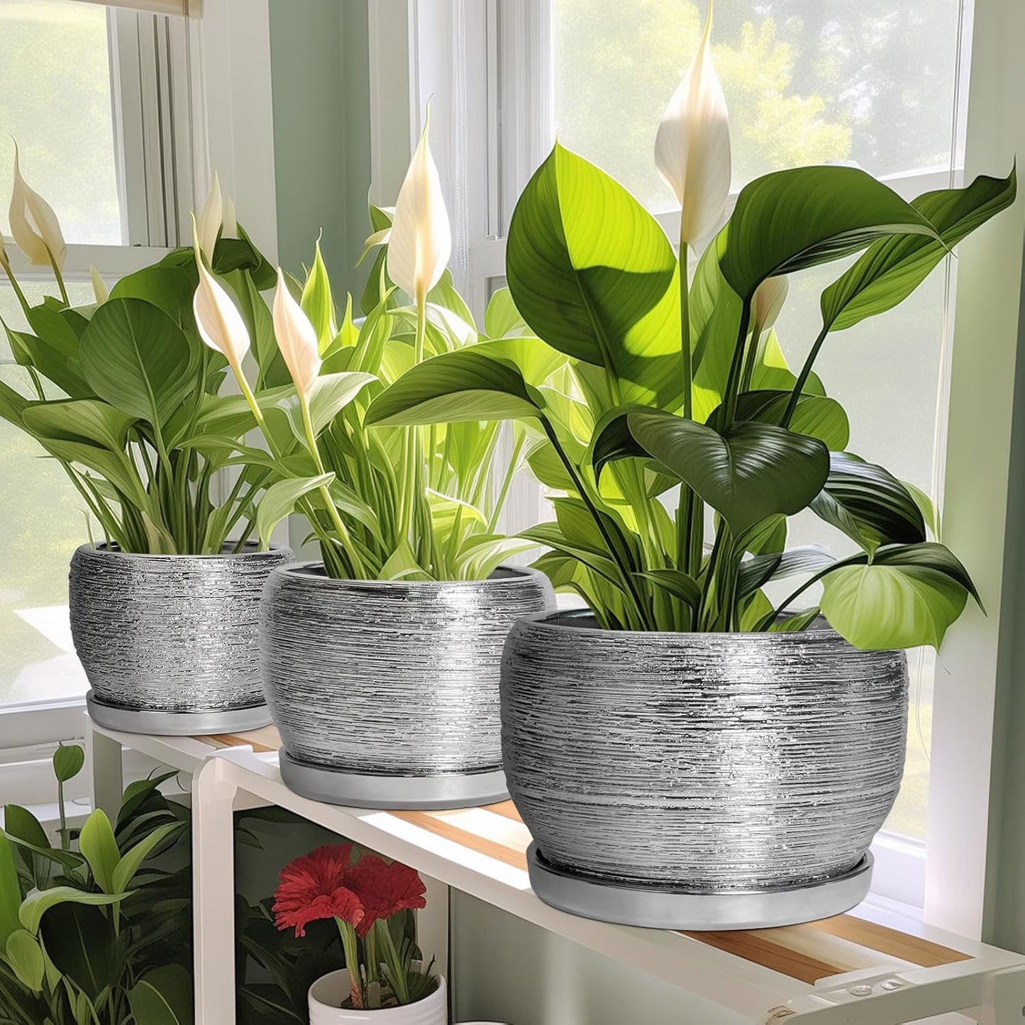 SQOWL Ceramic Pot for Plants - 8 Inch Planter with Drainage Hole and Saucer, Round Planter Indoor Outdoor, Modern Decorative Flower Pot, House Decor, Gifts for Plant Lovers, Silver