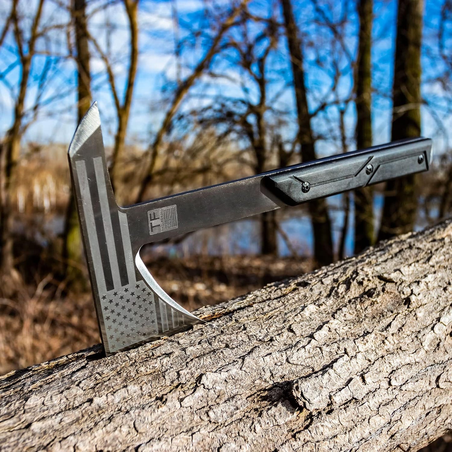 TAC-FORCE Tomahawk – Axe - Satin Finish Stainless Steel Blade w/Etched U.S.A. Flag, Black Wood Handle, Full Tang Construction, Includes Nylon Sheath, Tactical, EDC, Rescue - TF-AXE001S