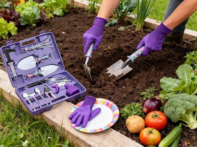 Purple Gardening Tool Set for Women, 13PCS Stainless Steel Purple Garden Tool Set with Trowel, Rake, Weeder, Pruner, Sprayer, Claw Digging Gloves, Garden Tools for Gardening Women