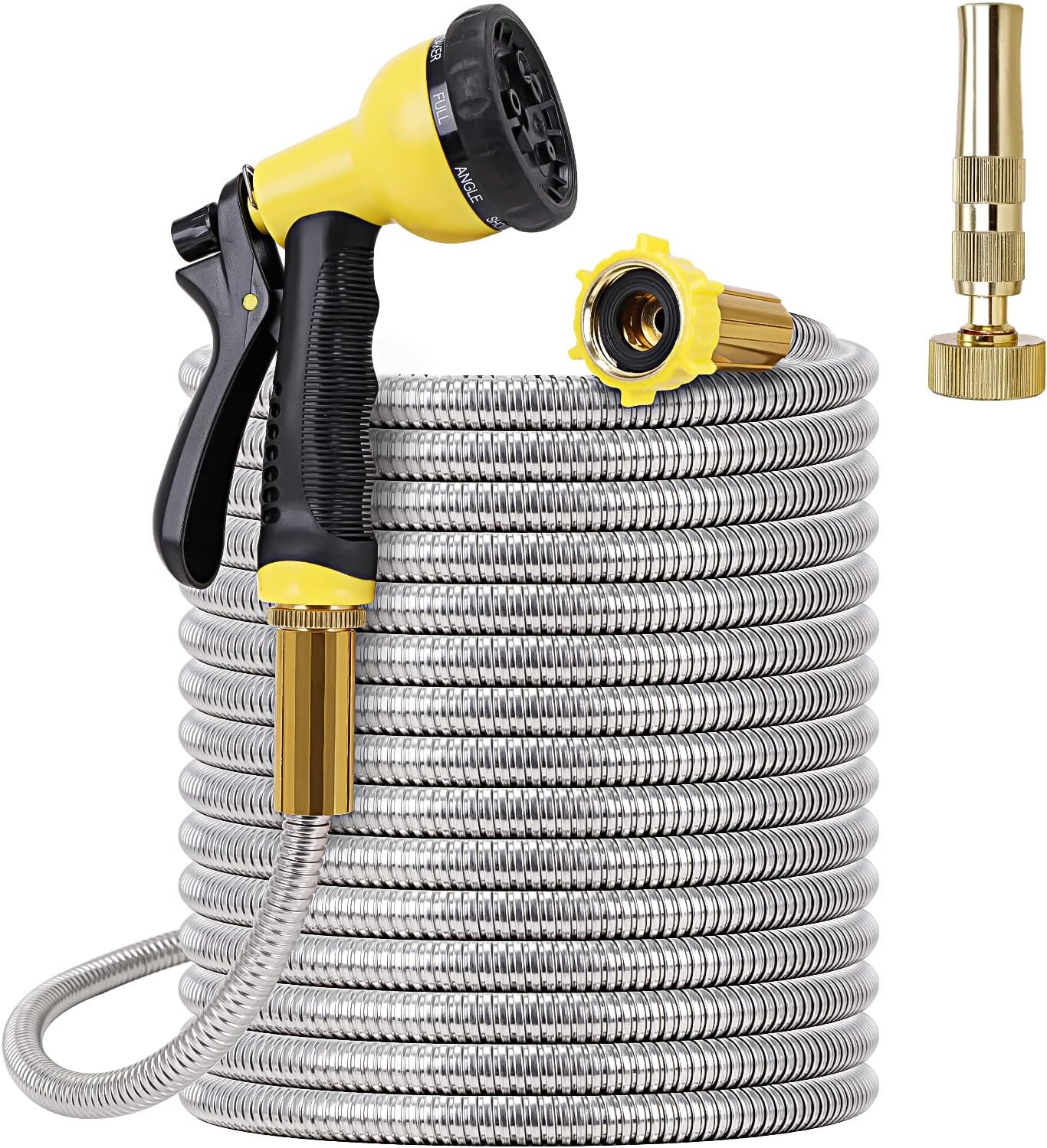 FOXEASE Metal Garden Hose 75FT - Stainless Steel Heavy Duty Water Hose with Metal Nozzle & 8 Function Sprayer, Portable & Lightweight Kink Free Yard Hose, Outdoor Hose