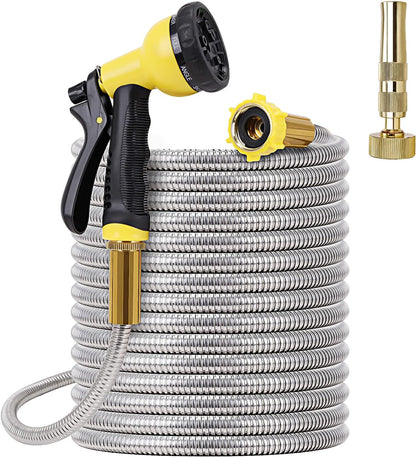 FOXEASE Metal Garden Hose 75FT - Stainless Steel Heavy Duty Water Hose with Metal Nozzle & 8 Function Sprayer, Portable & Lightweight Kink Free Yard Hose, Outdoor Hose